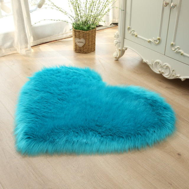 Cyan Heart Shaped Plush Rug